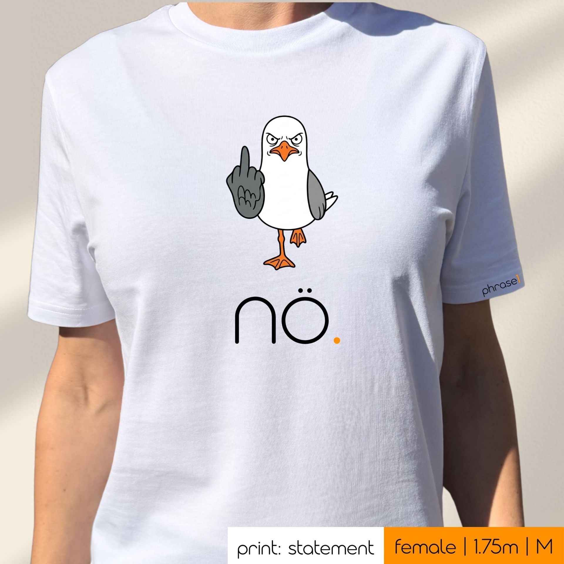 Premium T-Shirt mit Spruch "nö" und einer grimmigen Möwe im comicstyle
